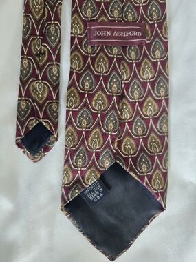 John Ashford Burgundy Paisley-Style Silk Tie with Gold and Navy Accents